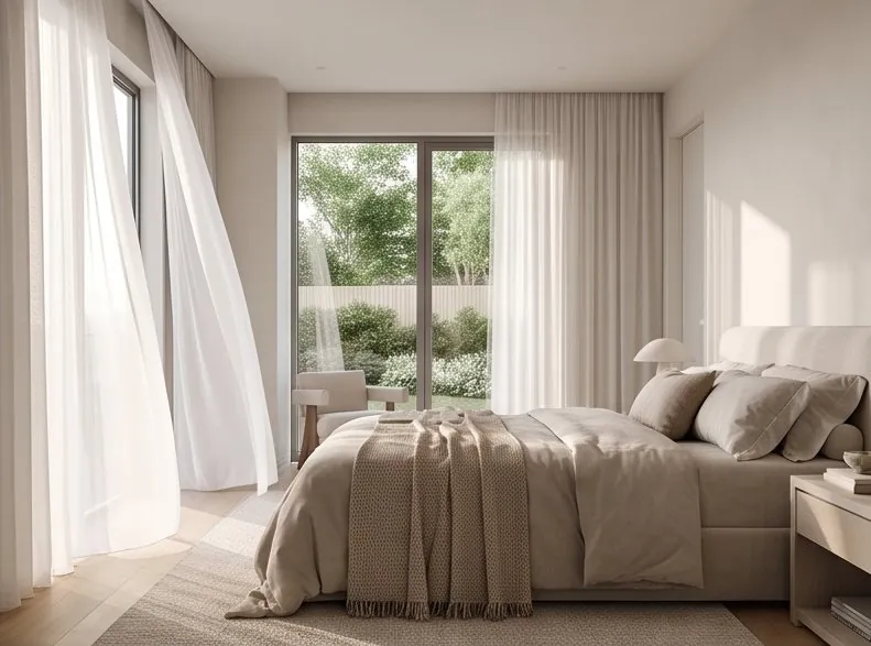 Dormitorio con cortinas de lino y salida al jardín