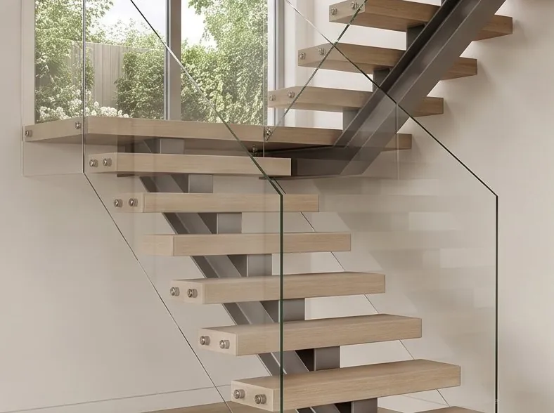 Escalera de peldaños de madera con barandilla de cristal