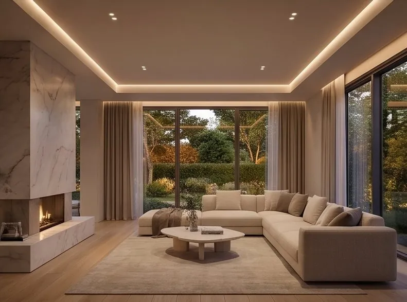 Salón con chimenea y luz cálida al atardecer