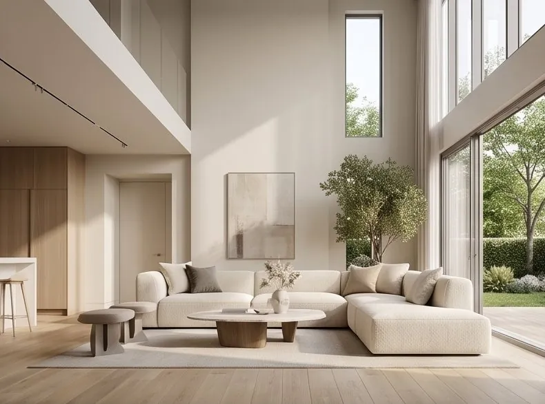 Salón de doble altura con ventanales al jardín
