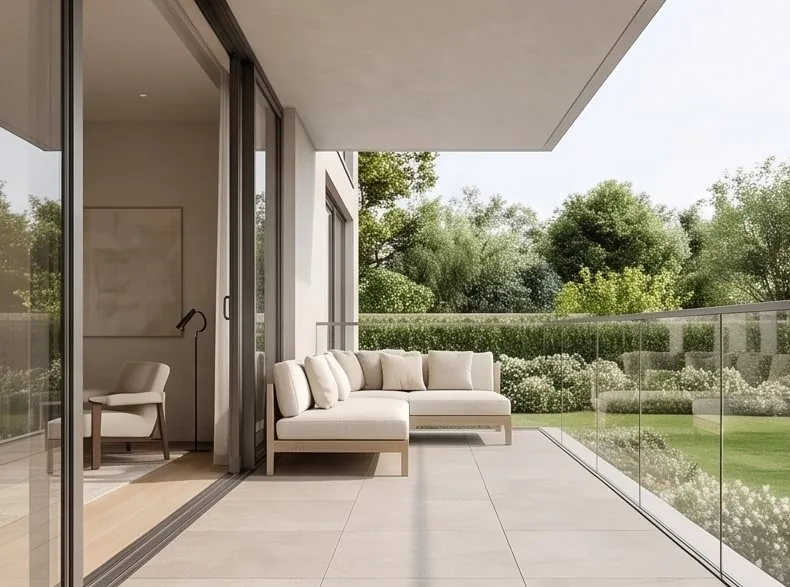 Terraza cubierta con sofá exterior y jardín