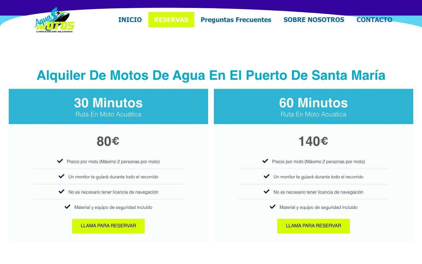 Página de reservas con las dos tarifas.