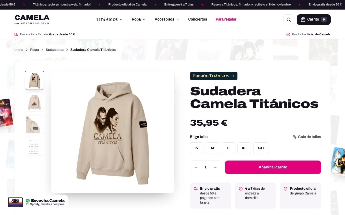 Ficha de producto de la sudadera Titánicos, con tallas y galería.