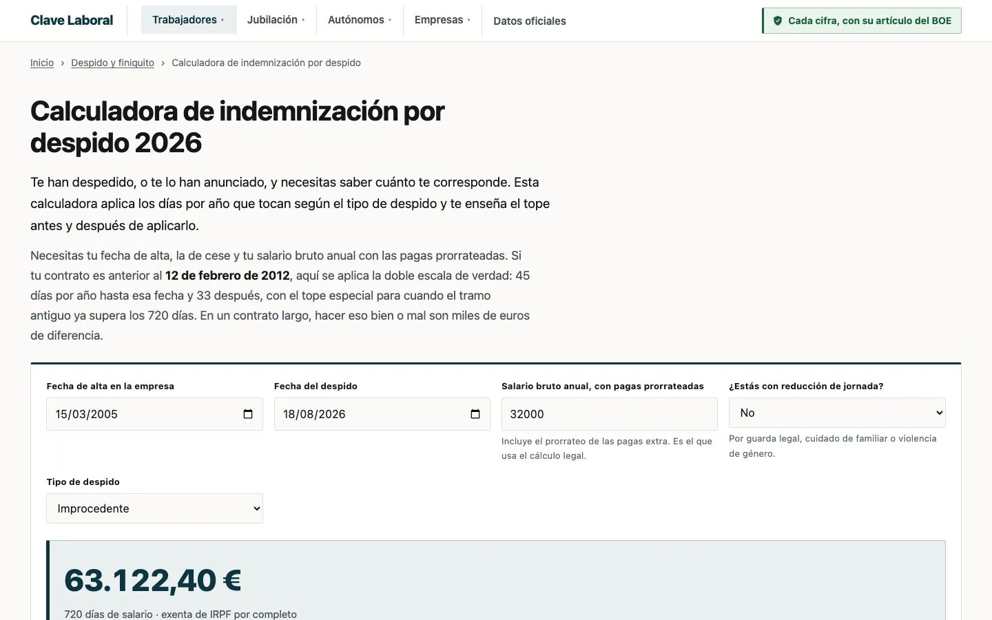 Calculadora de indemnización por despido con el resultado.