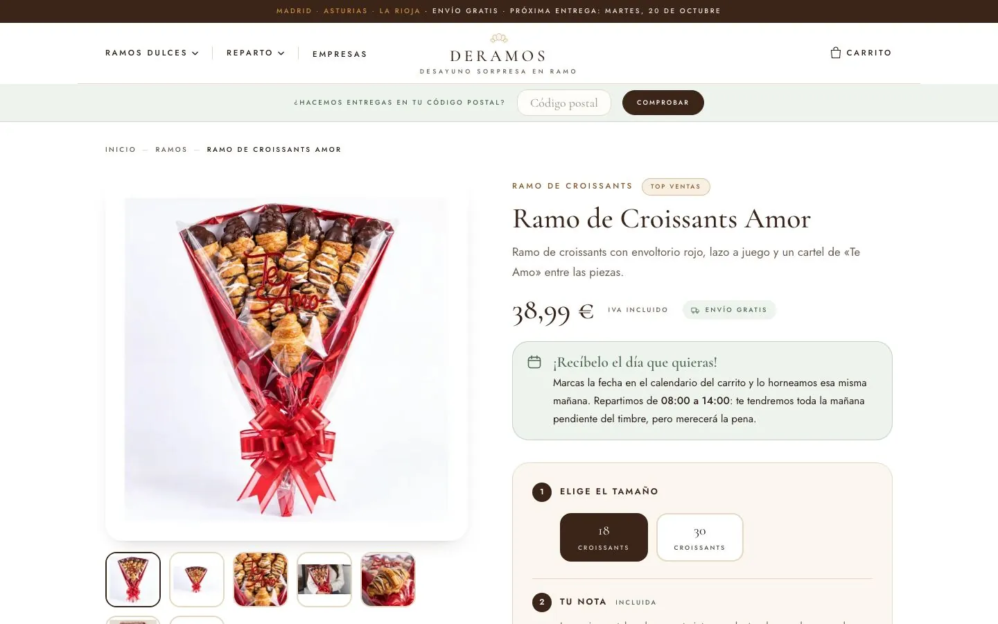 Ficha del ramo Amor con el configurador de tamaño y nota.