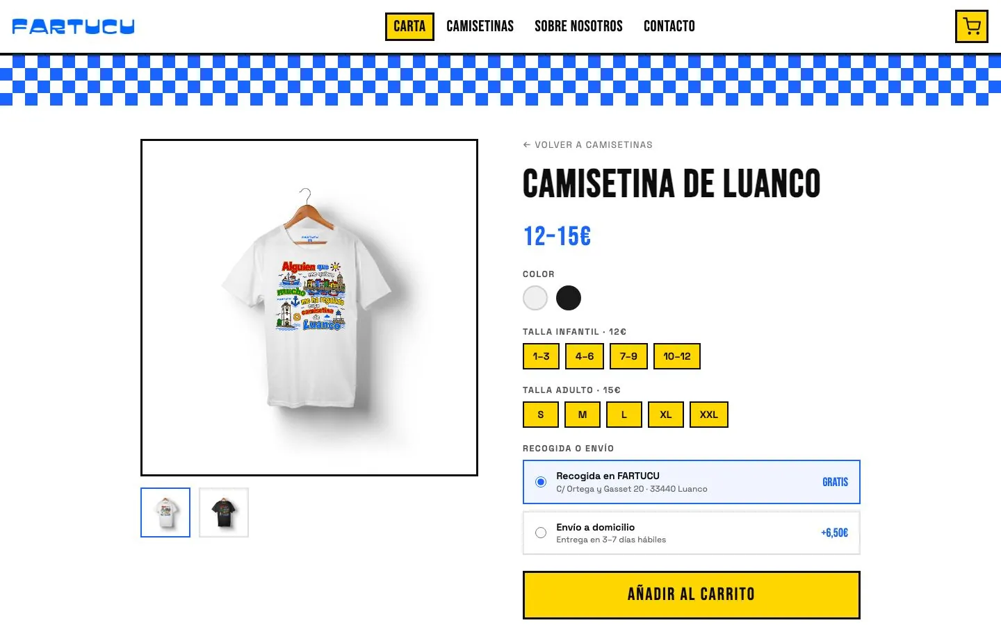 Ficha de la Camisetina de Luanco con tallas y recogida o envío.