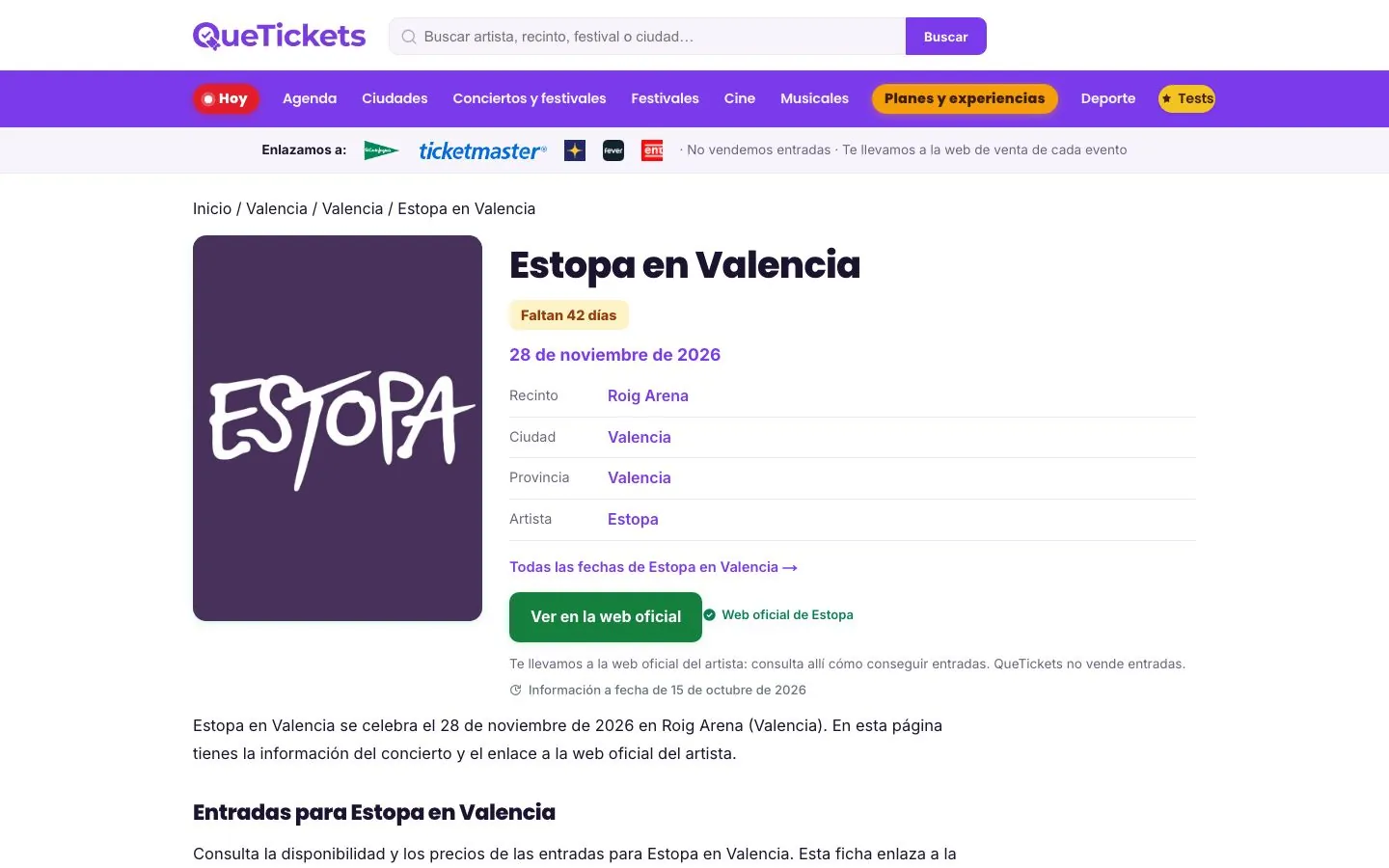 Ficha de evento con cuenta atrás, mapa y enlace a la venta oficial.