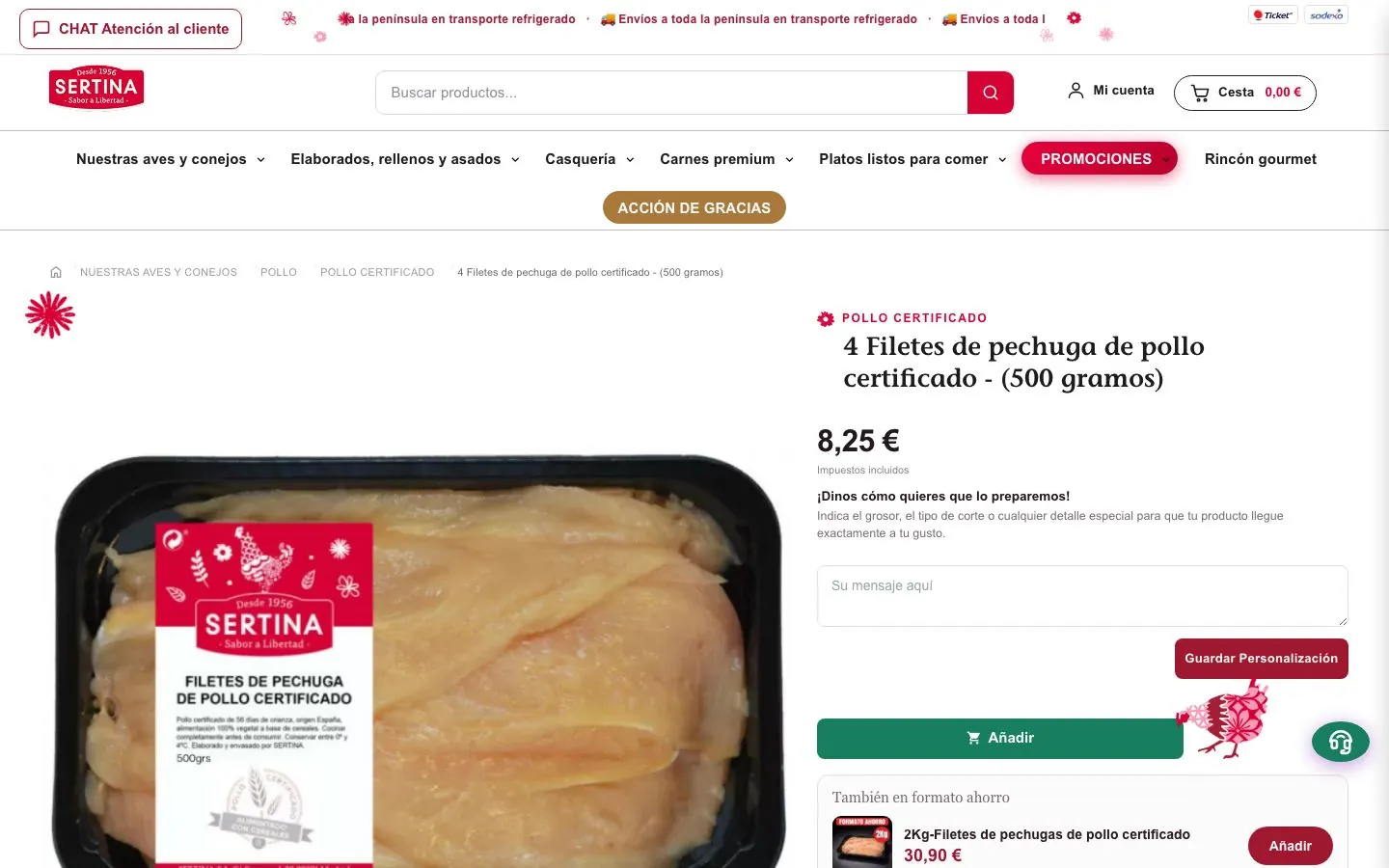 Ficha de producto con el campo «¡Dinos cómo quieres que lo preparemos!».