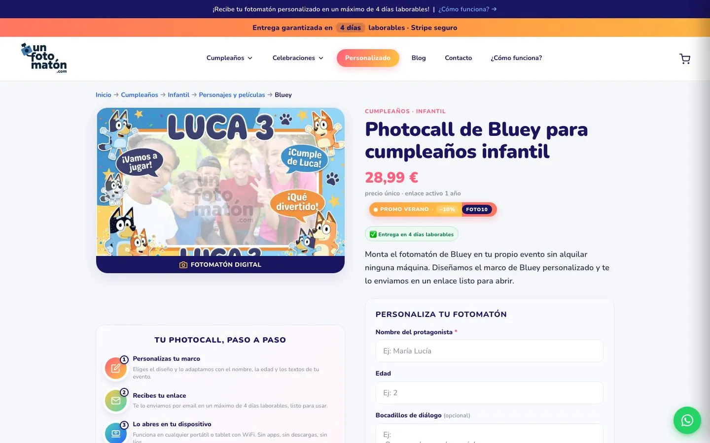 Ficha de producto con el configurador de nombre, edad y bocadillos.