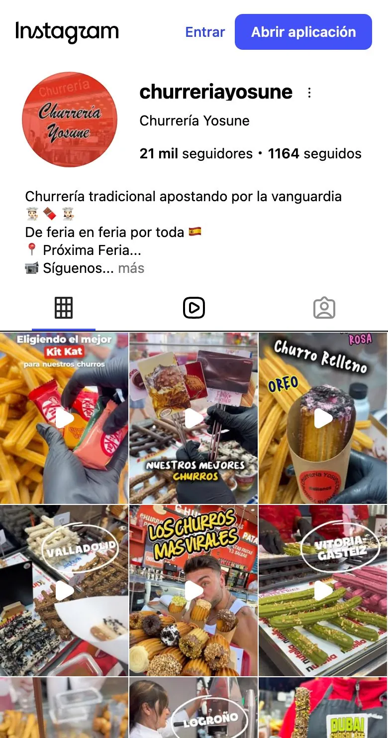 Perfil de Instagram de Churrería Yosune