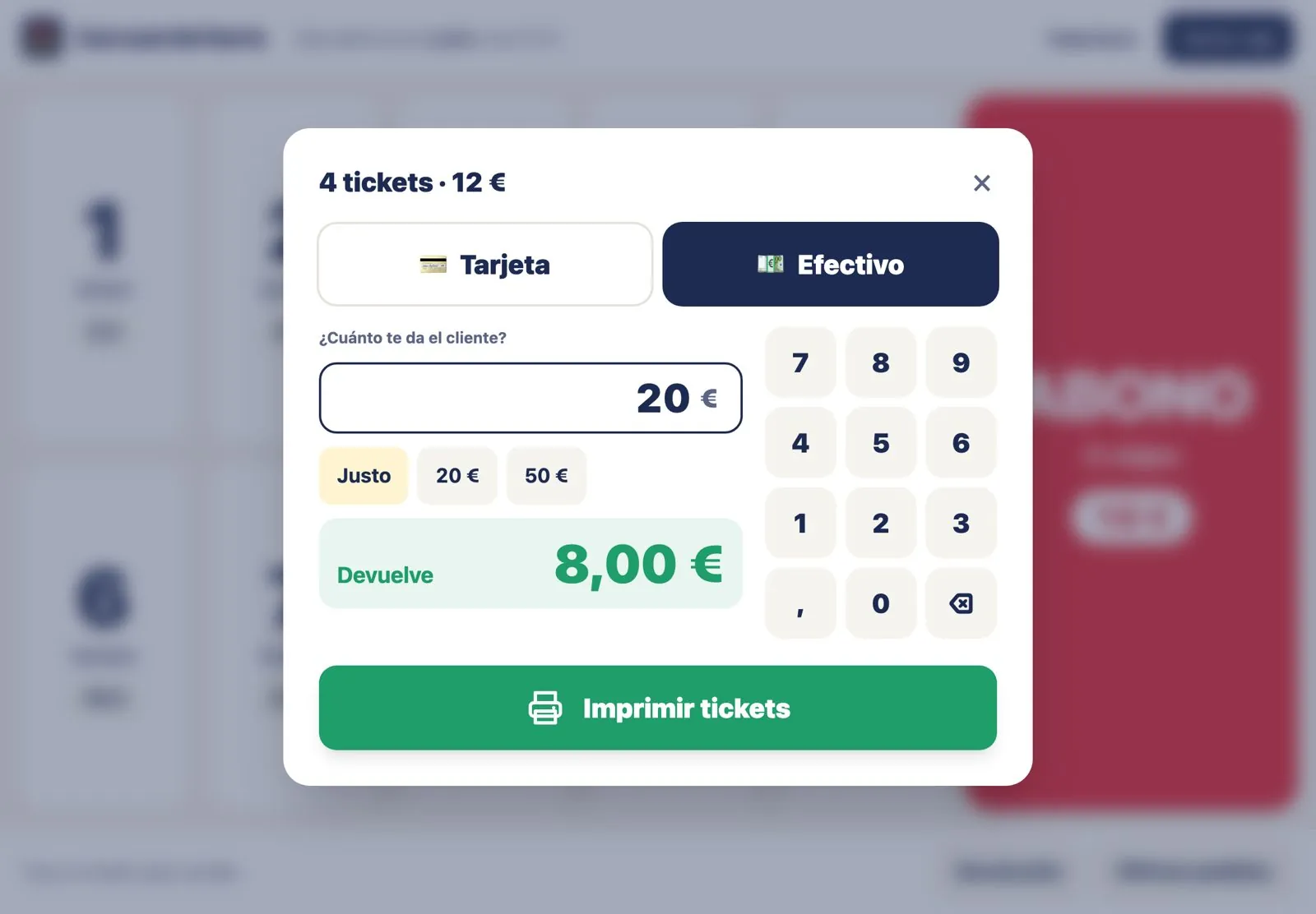Cobro en efectivo con la vuelta calculada.