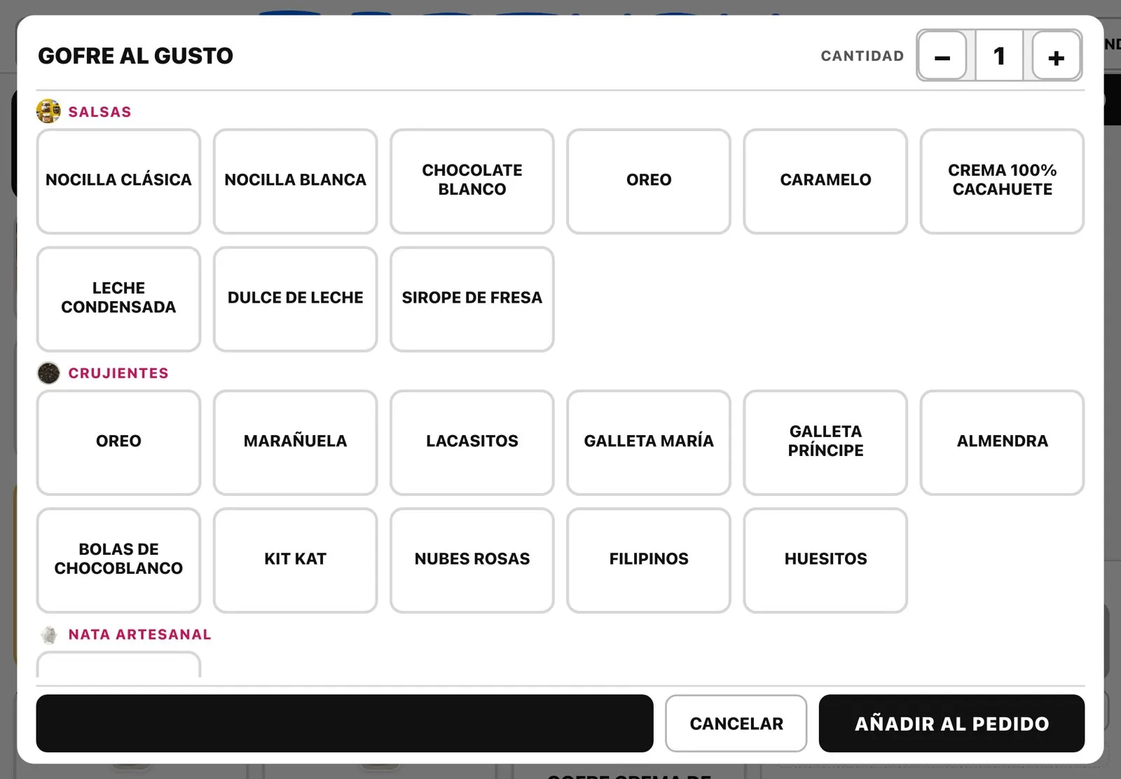 Configurador de gofres del TPV, con salsas, crujientes y nata.